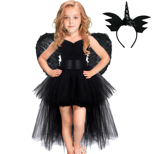 Cosplay Girls Black Devil Unicorn Tutu Dress Dress V Train de decote em vaca caída do anjo escuro Vestido de festa de halloween para crianças 1-14Y 230403
