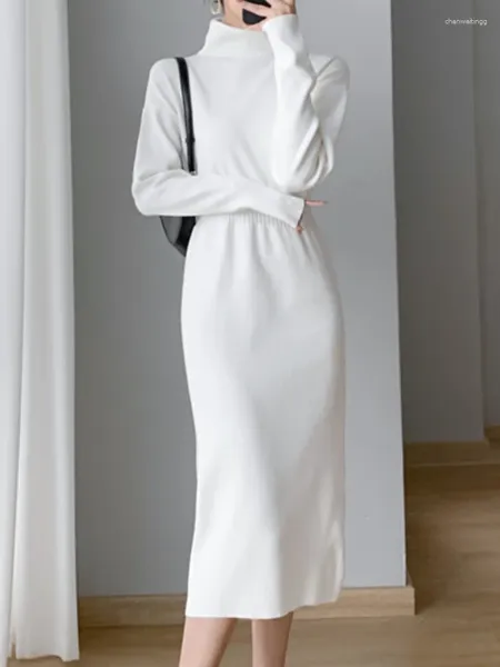 Sıradan elbiseler Sonbahar Kış Bodycon Midi Kadınlar Örme Parti Elbise Beltili Kepçesi Zarif İnce Vintage Kazak Beyaz Vestidos Femme Moda