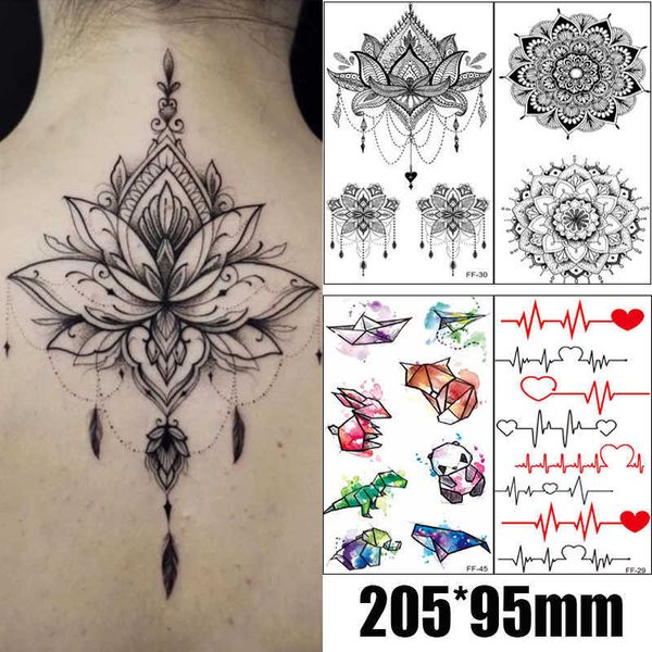 Tatuaggi temporanei 1PC Adesivi per tatuaggi temporanei impermeabili Panda Campanelli eolici Petto in pizzo Mandala Tatuaggi Fiore Body Art Braccio Tatoo falso Donna Uomo Z0403