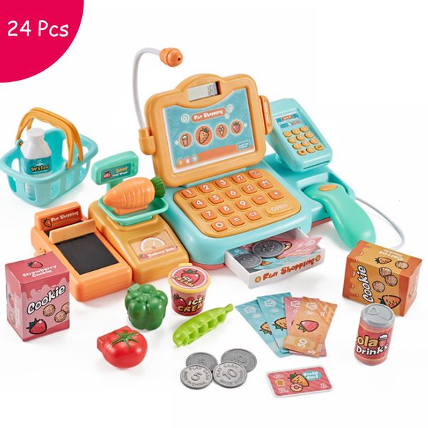 Altri giocattoli 24pcs Supermarket Checkout Counter Foods Goods Simulation Kids Fingented Gay Shopping Cash Register Set Toy per Girl's Gift 230403