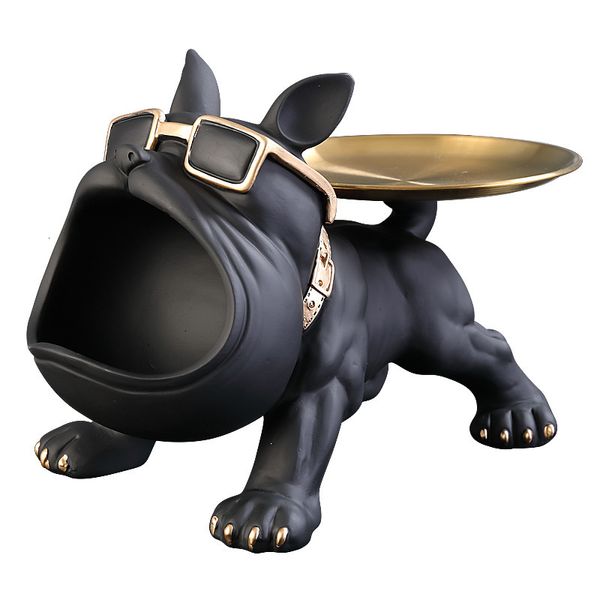 Objetos decorativos Figuras Butler de bulldog francês legal com bandeja Big Mouth Dog estátua Caixa de armazenamento doméstico RESINA DE RESINA DE ANIMA