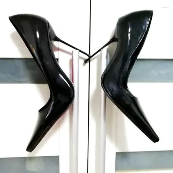 Sapatos de vestido sexy metal stiletto salto alto bombas preto patente couro pontiagudo dedo do pé 12cm banquete deslizamento raso na pista feminina