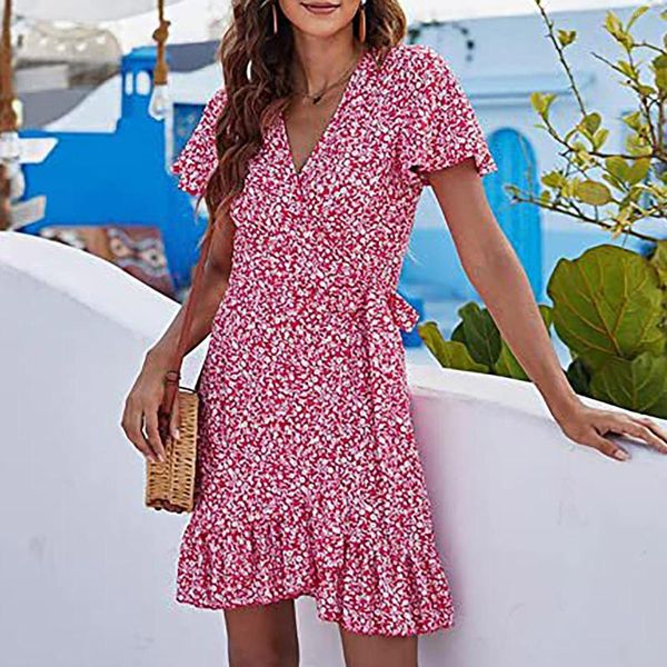 Lässige Kleider Blumenrand Kurzarm Damen Elegantes Kleid Sommer Strand Sommerkleid Hohe Taille Weibliche Boho Formelle Anlässe