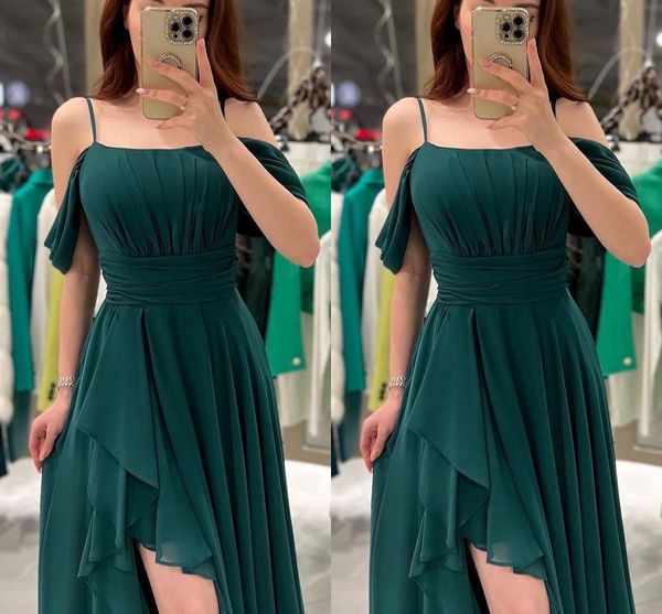 Sexy nero verde scuro taglie forti Abiti da ballo linea A lunghi per le donne Spalline sottili in chiffon drappeggiato Abiti da cerimonia hi-lo Spettacolo di compleanno Abiti da festa di secondo ricevimento