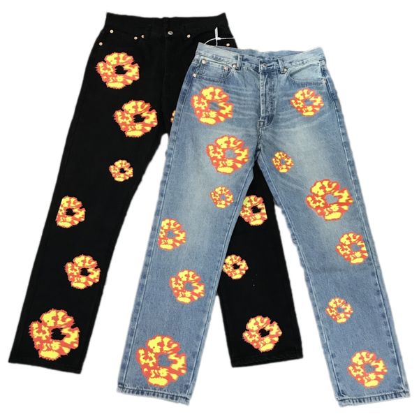 Jeans masculinos calças jeans flor denim beading rua hip hop grinalda preto moda vintage lavado reto jean empilhado jeansbiker jaqueta de caminhoneiro