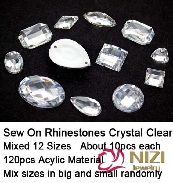 WholeSew On Rhinestones Mixed 12 Shapes 120pcs Flatback Acryl Rhinestones Crystal Clear Stone For Dress Making Sew On Rhine9793353