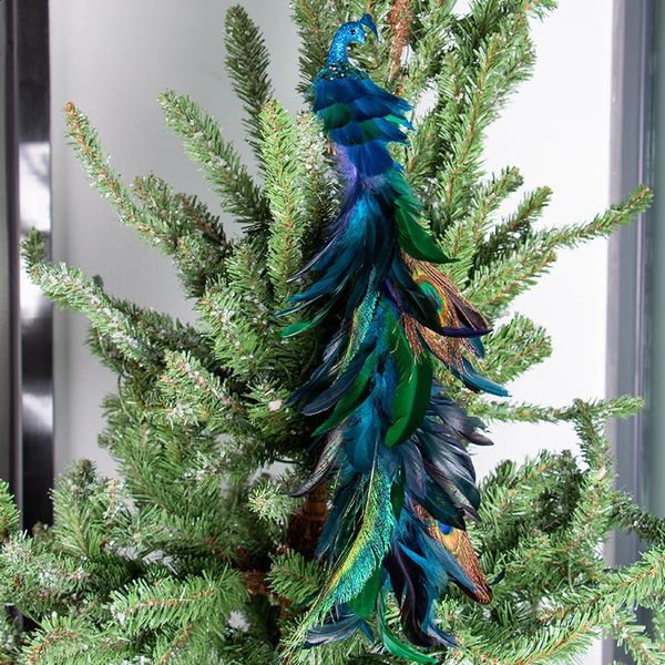 Décorations de Noël Pendentifs d'arbre simulant une longue queue de paon bleu plumes naturelles artisanat fait à la main ornements de goutte 231102