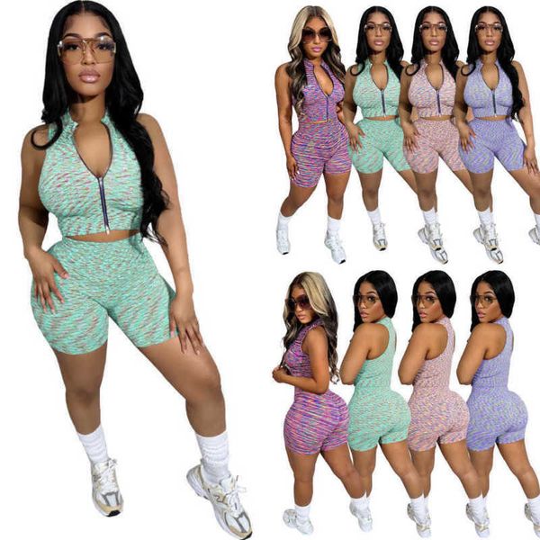 Дизайнерские новые женщины активные спортивные костюмы 2 шорт короткие сеты летние печатные застежки -молнии и шорты для йоги спортивная одежда