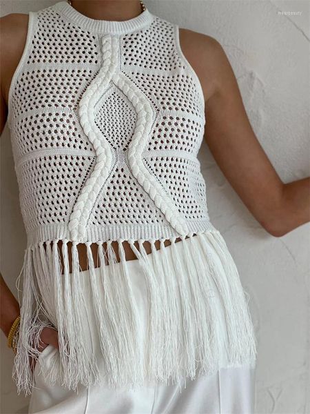 Tanques femininos Boho Hippy Branco/lavanda Crotchet Handmade Tak-Knit Tansel Tampo Tampa de algodão Festival com nervuras com franjas sem mangas