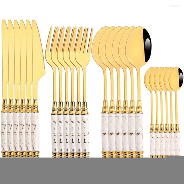 Geschirr-Sets Drmfiy 6/24-teiliges Marmor-Textur-Set Weißgold Western Edelstahl Geschirr Messer Gabel Löffel Küchenbesteck