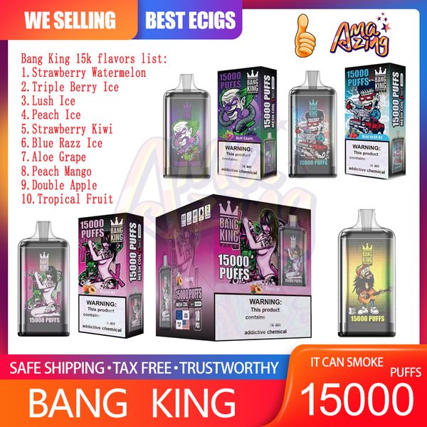 Original Bang King 15000 Puff Einweg-Vape-Stift, 0,8 Ohm Mesh-Spule, 25 ml vorgefüllter Pod, 650 mAh wiederaufladbarer Akku, E-Zigaretten-Puffs 15 K, 0 % 2 % 3 % 5 %, 10 Geschmacksrichtungen, schnelle Lieferung