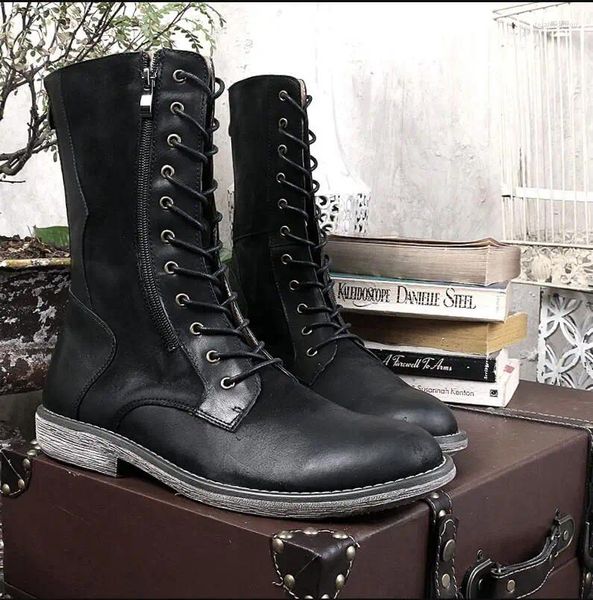 Stiefel Schwarz Herren Leder Mode Cool Tooling Casual Military High Shaft Motorrad Für Kuhjungen