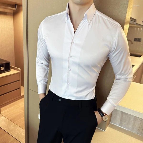 Мужские повседневные рубашки, корейская модная рубашка с v-образным вырезом для мужчин, однотонное деловое платье, приталенный смокинг с длинными рукавами, блузка-смокинг для вечеринок