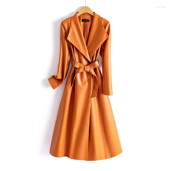 Damen Leder Frühling Herbst Lang Orange Braun Schwarz Weicher Faux Trenchcoat Für Frauen Gürtel Rock Elegant Luxus Mode 5XL