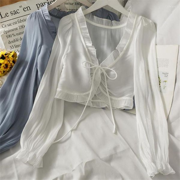 Camicette da donna 2023 Abiti estivi per la protezione solare Cardigan Kimono con volant Camicetta in chiffon bianco da donna Camicia con lacci alla moda coreana Crop Top