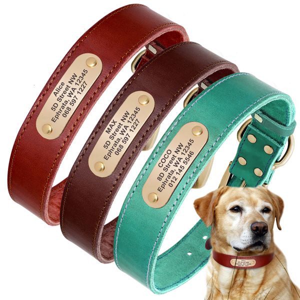 Hundehalsbänder, Leinen, echtes Lederhalsband, personalisierte Haustier-ID, individuell graviertes Etikett für kleine große Hunde Pitbull Deutscher Schäferhund XXS-XL 230403