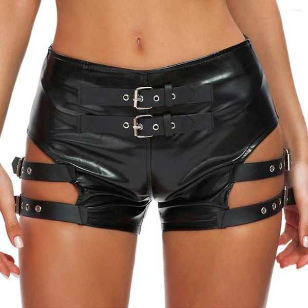 Damen Shorts Frauen Schnalle Design Leder Sommer Sexy Schwarz Damen PU Y2K Hosen Mini Kurze Hose Schlanke Hüfte Streetwear