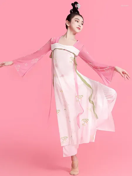 Palco desgaste crianças clássica dança desempenho roupas elegante chinoiserie estilo corpo charme gaze treinamento menina fã han