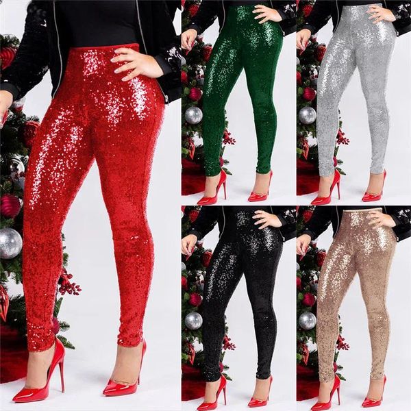 Женские брюки, женские брюки с блестками, украшенные блестками, тонкие зимние брюки-карандаш, блестящие леггинсы для рождественской вечеринки, разноцветные