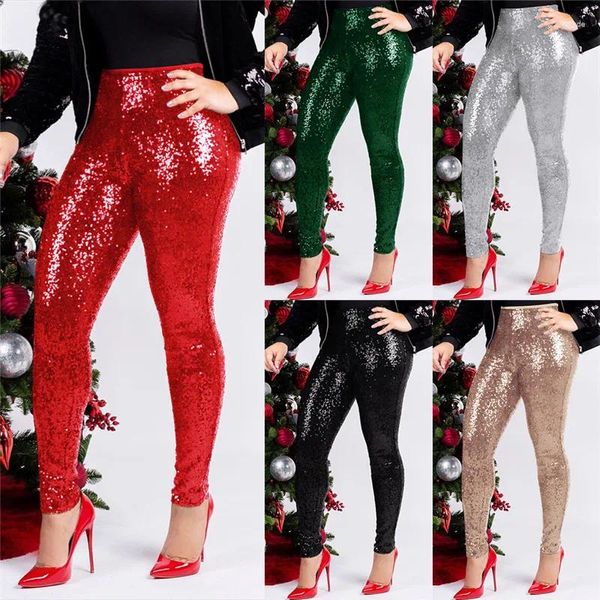 Pantaloni da donna con paillettes scintillanti Pantaloni da donna decorati Matita sottile in leggings invernali lucidi per feste di Natale multicolori