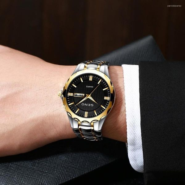 Relógios de pulso masculino de moda de moda de fino masculino, dual calendário metal strap esportes quartzo de luxo de luxo para homens relógios de presente