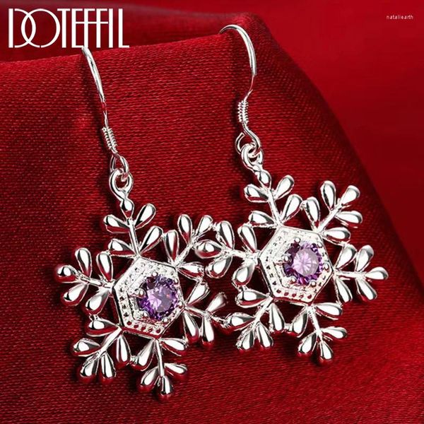 Brincos Dangle 925 Sterling Silver Snowflake Purple Zircon Drop Brincho