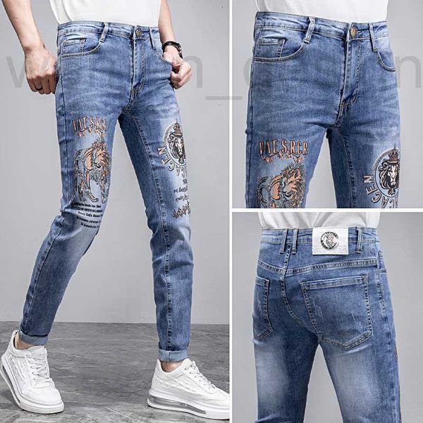 Distintivo bordado de jeans de jeans masculino para o verão Slim Fit Pets Small Feet Hot Diamond Casual Pants Longo Livre Mzoe