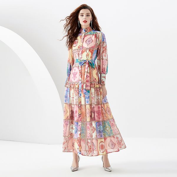 Designer-Urlaubs-Maxikleid mit Stehkragen, Laternenärmel, schmale Schleife, Schnürung an der Taille, Vintage-Druck, Party-Boho-Kleider, Robe 2023, Frühling und Herbst, lässige Runway-Kleider