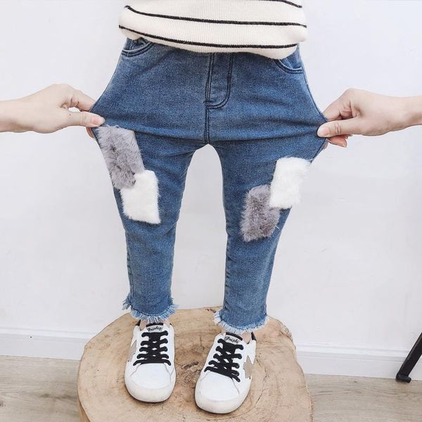 Kot bahar yürümeye başlayan çocuk çocukları jean pantolon için kız çocuk sonbahar kürk patchwork denim pantolon kovboy kıyafetleri 2 4 5 6 yıl