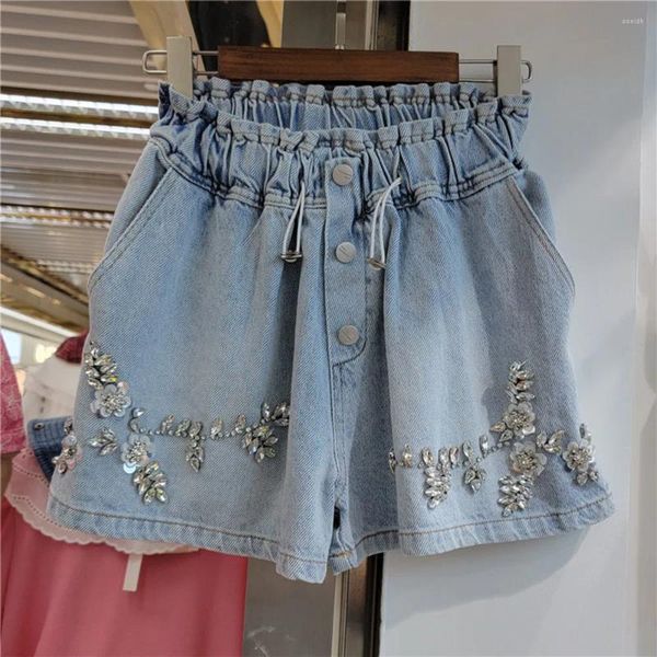 Frauen Jeans Strass Blumen Denim Shorts Frauen 2023 Sommer Hohe Taille Lose Breite Bein Jean Weibliche Mode Straße Böden