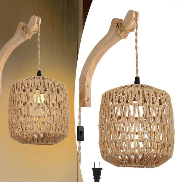 Lampada da parete Sconce Montato su cavo regolabile Boho Paralume intrecciato a mano per comodino Cucina interna Isola Ufficio Portico