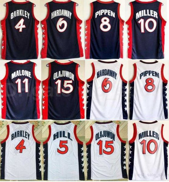 1996 US Dream Three Basket 11 Karl Malone Maglie Uomo Blu Navy Bianco 5 Grant Hill 10 Reggie Miller 4 Charles Barkley