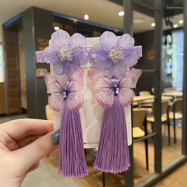 Haarschmuck 2PCS Süße Mädchen Qipao Hanfu Clips Kopfschmuck Chinesischen Stil Kinder Schmetterling Blumen Ente Mund Haarnadel