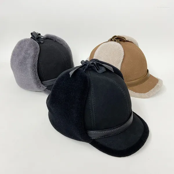 Berets inverno de alta qualidade chapéu de couro homens pele de cordeiro lã quente grosso earflaps bombardeiro chapéus boné de beisebol masculino russo