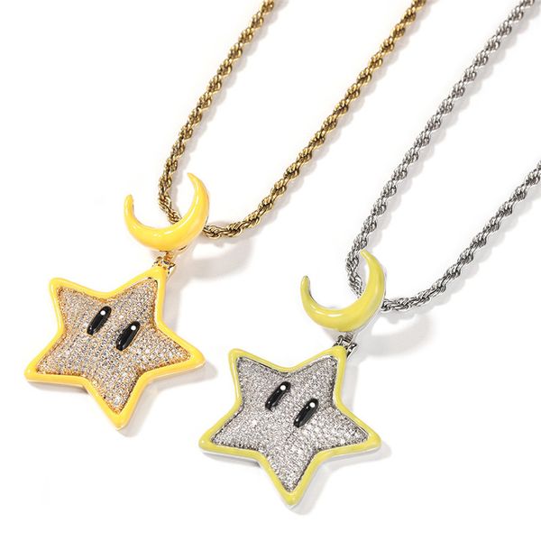 Collana con zirconi ghiacciati Hip Hop Cartoon Start Fashion Glow Star Diamond Bronze Material Jewelry