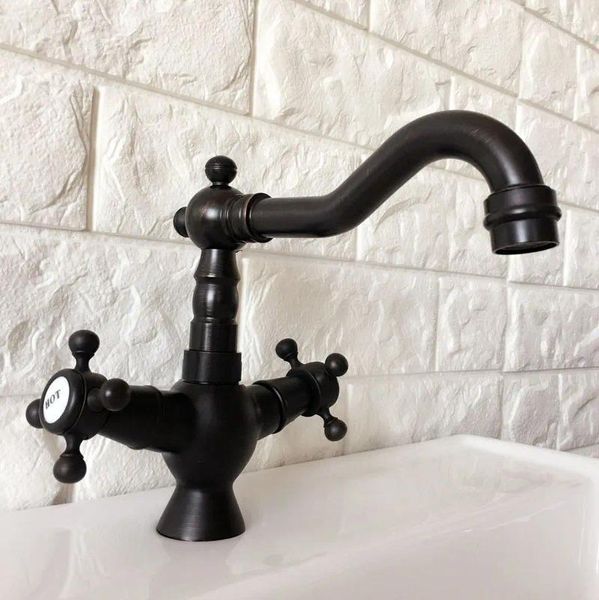 Rubinetti per lavandino del bagno Rubinetto per lavabo / Foro singolo Montaggio su piano Bronzo lucidato a olio nero 2 maniglie a croce Miscelatori con bocca girevole Tnf362