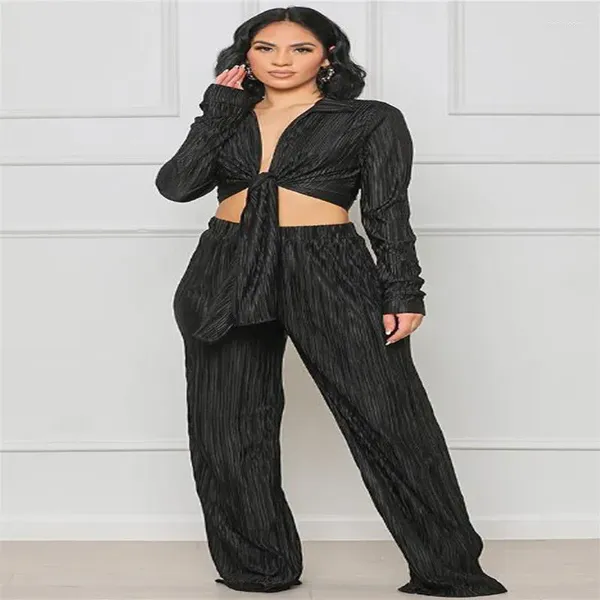 Женские брюки из двух предметов, легкая одежда для взрослых, осенняя распродажа, с длинным рукавом, глубоким V-образным вырезом, сексуальный темпераментный тонкий однотонный брючный костюм на шнуровке