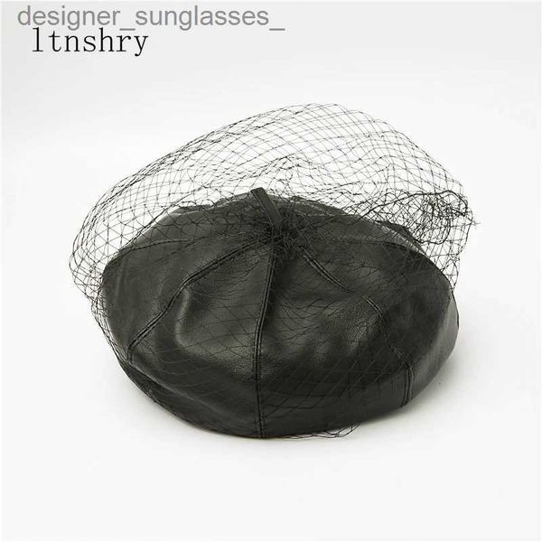 Boinas 2022 New Spring Summer Summer Black Hat Cheatra Chic French Boina com véu Mesh Show Double Camada Mulheres Beanses CL231103