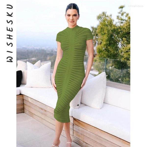 Casual Kleider Sexy O Hals Kurzarm Geraffte Midi Kleid Frauen Gestrickte Sehen Durch Strand Cover Up 2023 Frühling Herbst Luxus Fee Geburtstag