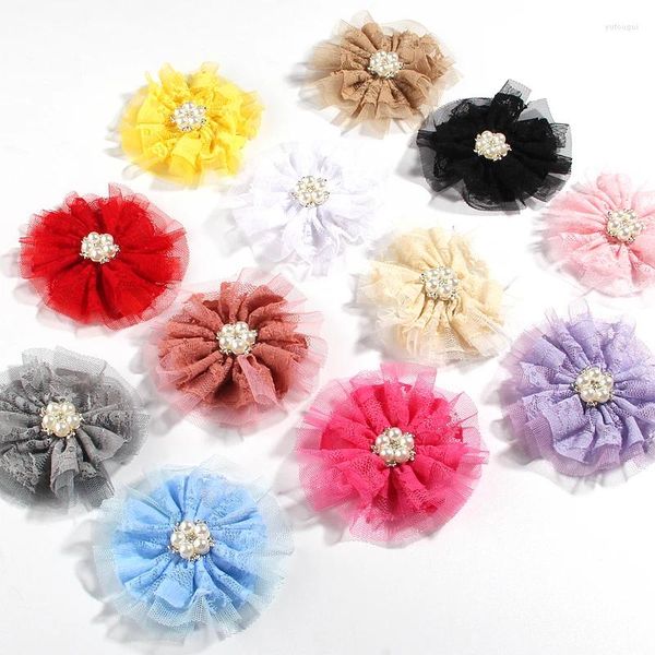 Dekorative Blumen 100 Stück 9 cm 3,5 Zoll Spitze Rand Chiffon Stoff künstlich mit Perlen Perlen Strass für Blüte Kopfbedeckung Kleid Kleidung