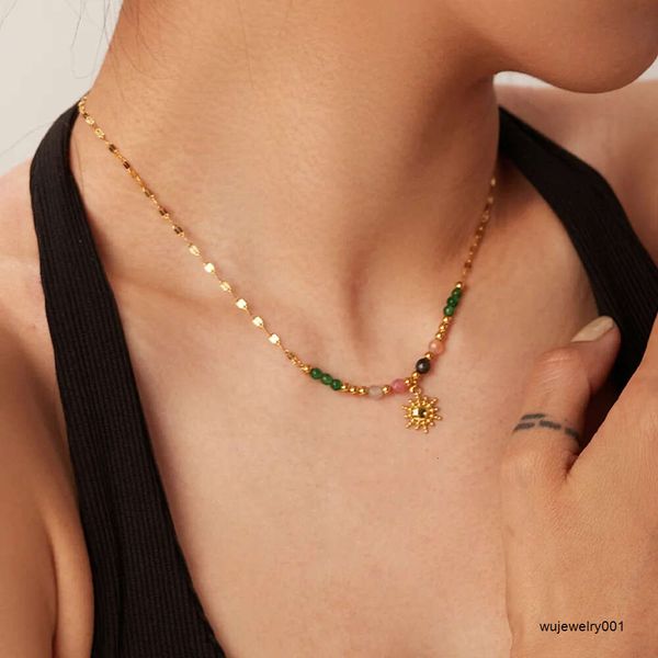 Mulheres contas de pedra natural estilo vintage francês 18k ouro aço inoxidável sol pingente colar
