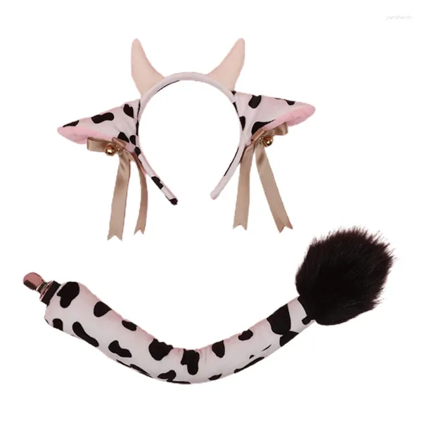 Articoli per feste Orecchie di mucca animale Copricapo Coda Set Costume fatto a mano in peluche Anime per Halloween Natale Accessori cosplay