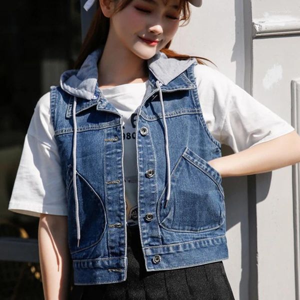 Женские жилеты, корейская версия, джинсовый жилет с капюшоном, весенне-осенний короткий топ без рукавов, модный жилет