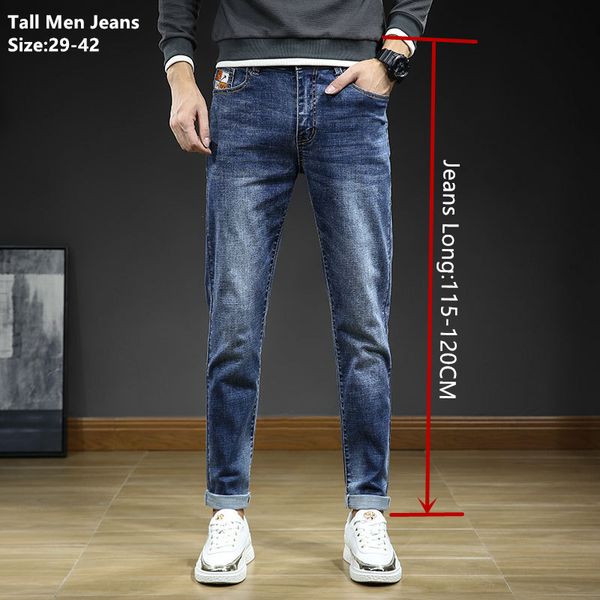 Jeans masculinos de 190 cm de alta cintura masculina Blue Exra Pants 115cm Spring Autumn Plus Size 38 40 42 Ultra Fit Fit for Big Boys Elastic Troups 230403