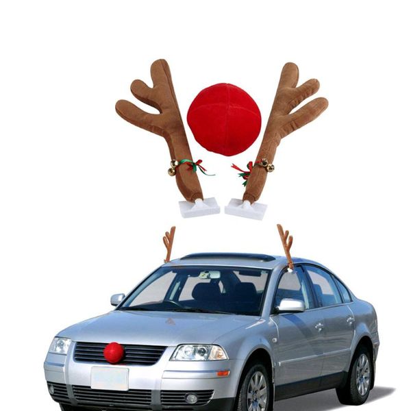 NOVYTY ITENS 2 Antlers 1 Nariz Cute do veículo Horn Foste e Red Xmas Supplies Rudolf Reindeer Christmas Car Decoração