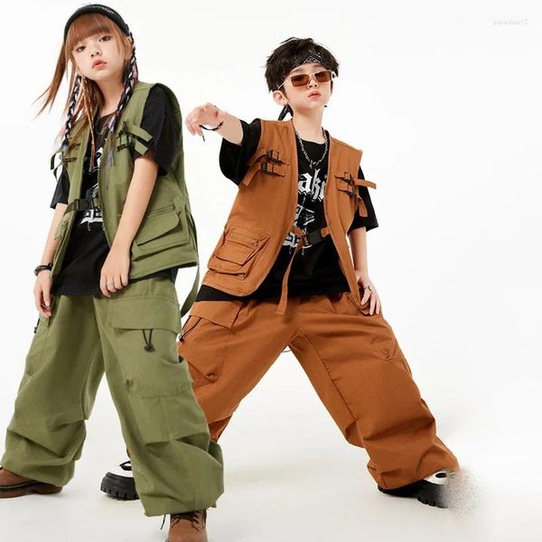 Bühne Tragen Streetwear Mädchen Jazz Dance Performance Kleidung Hip Hop Kinder Mode Lose Weste Hiphop Hosen Anzug Jungen