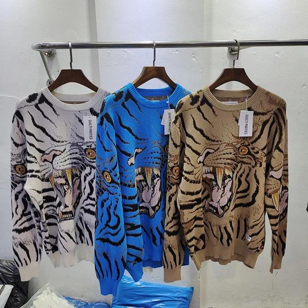 Suéteres masculinos Wacko Maria Sweater1: 1 Premium Tiger Totem Extra Grande Camisola de Malha Homens Japão Estilo H