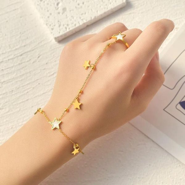 Pulseras de eslabones Moda 18K Chapado en oro Shell Star Pulsera Conjunto de cadena de dedo de acero inoxidable para mujeres Regalo de joyería