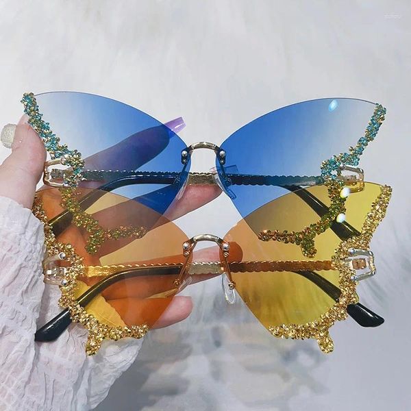 Güneş Gözlüğü Lüks Elmas Kelebek Kadınlar Marka Y2K Vintage Rimless Sun Slugs Trend 2023 Yaz Bayanlar Gözlük