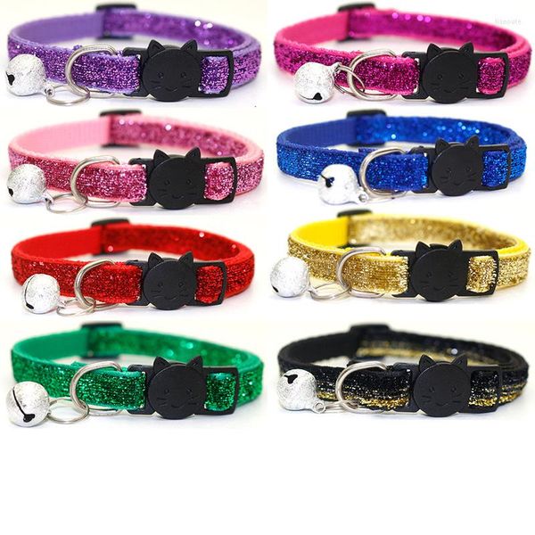 Hundehalsbänder Haustier Katzenkopf Sicherheitsschnalle Halsband Patch Tuch Glocke Pailletten Gold Glitter Samtband Zubehör